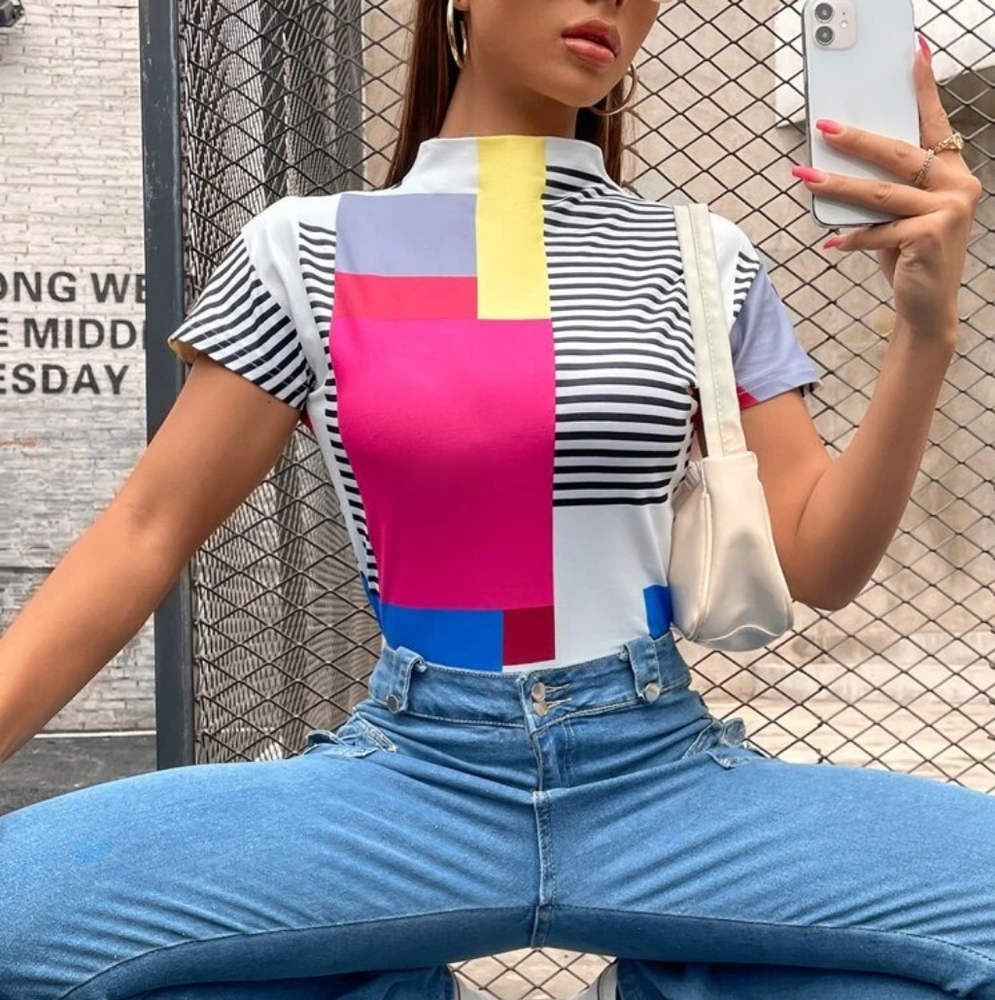 Striped & Colorblock Stand Collar Tee
